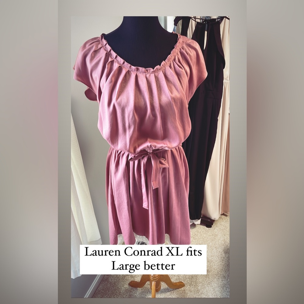Mauve satin dress with belt and lace detailing at bottom